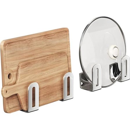 2 settiä (4 osaa) seinään kiinnitettävä kattilan kannen teline, leikkuulaudan pidike, itseliimautuva ruostumattomasta teräksestä valmistettu 