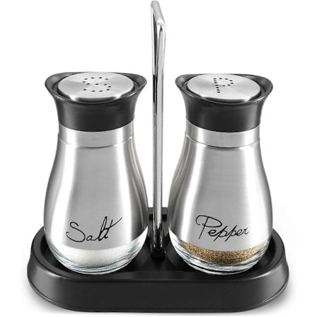 Salt- och pepparströare set med hållare, modern rostfritt stål och glasdispenser, 3 delar totalt, 118 ml
