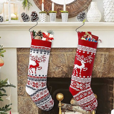 Set med 2 julstrumpor, stora julstrumpor att hänga på trädet, presentpåse för julbrasan, träddekoration