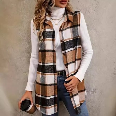 (M) Kvinners Rutete Vestjakke, Avslappet Jakke med Krage og Knapper, Ermeløs Blazer, Yttertøy