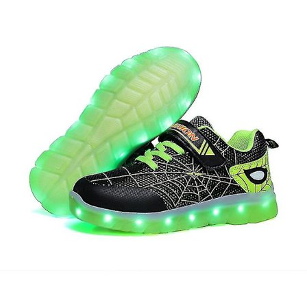 Barn Sneakers LED-lampor Löparskor Spindelnätsmönster Flickor Pojkar Casual Skateboard Skor USB-laddning Luminous Sportskor 807 Svart Grön-tfrf