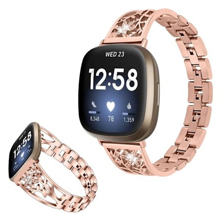 Flower rhinestone stainless steel watch band for Fitbit Sense / Versa 3 - Rose Gold