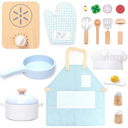 Træ Køkkensæt Børnelegetøj – 18 dele med Gryder, Pander, Forklæde og Mad, Rollespil for Børn_TF_TF