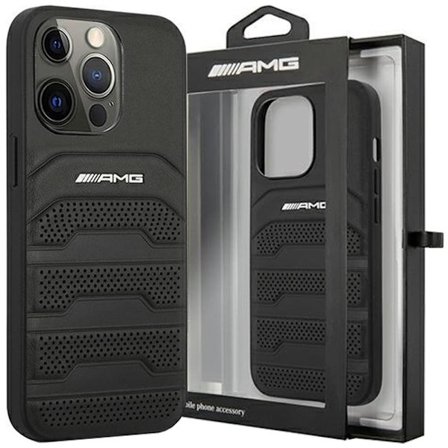 AMG AMHCP14LGSEBK iPhone 14 Pro 6.1 svart/svart hårt fodral Läderpräglade linjer