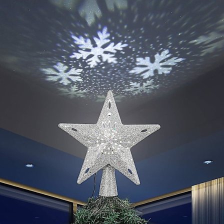Sølv Juletræstop med Lys og Hvid Snefnugsprojektor