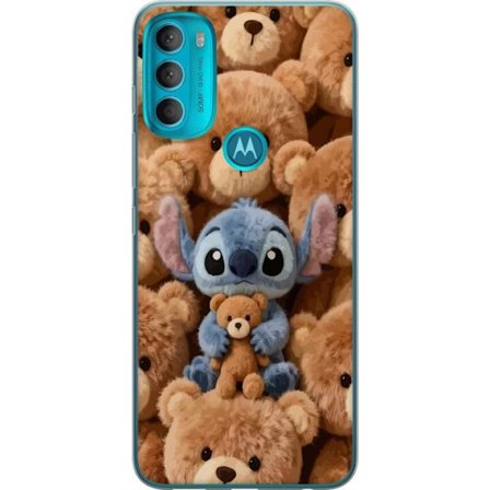 Kompatibelt Mobildeksel til Motorola Moto G71 5G Stitch omgitt av brune teddybjørner med en liten teddybjørn i fanget i en søt og koselig kawaii-desig