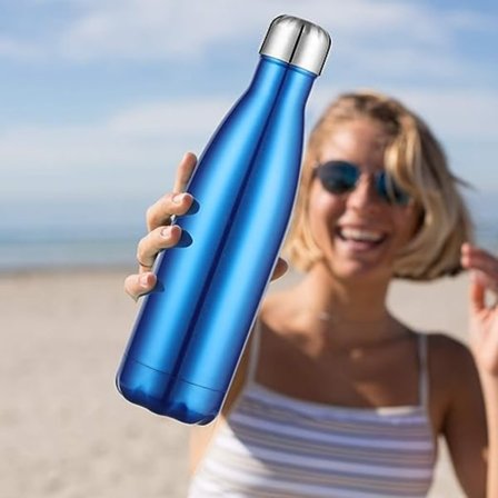 (Blå) 1L rustfritt stål vannflaske, dobbeltvegget vakuumisolerte metall vannflaske, 12 timer varm drikke, 24 timer kald drikkeflaske