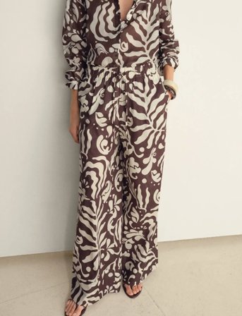 Mango Printed Cotton Trousers - Brown - S