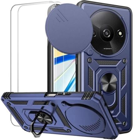 Etui + 2 hærdede briller til Xiaomi Redmi A3. Stødsikker PC + TPU med kamerabeskyttelse og roterende ringholder - marineblå
