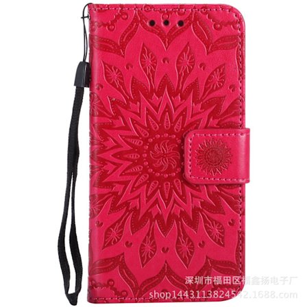 Fodral för iPhone SE 4 röd Präglad Solros 3D Präglad Plånbok med Korthållare Flip
