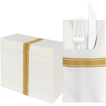 Kultaiset 50 pakkausta kertakäyttöisiä kangaslautasliinoja - Sisäänrakennettu ruokailuväline tasku -
