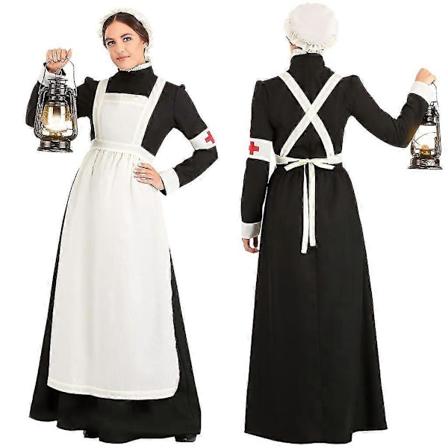Halloween-kostymer för kvinnor, Cosplay-piga-klänning, Show-kostym, Sjuksköterska-rollspel, Lång klänning Black L