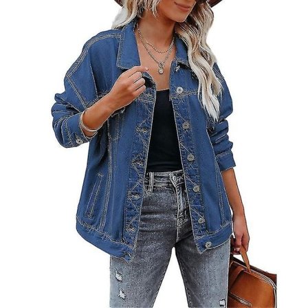 Damer enfärgade jeansjackor Lös lapel cardigan Single Breasted Street Jean Jacket Royal Blue M