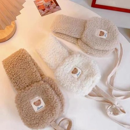 Cute Bear Korea Women Ear Muffs Winter Warm Plush Earmuffs warm Headphones New Adults Kids Tie Ear Protection Beige Ear Warmer