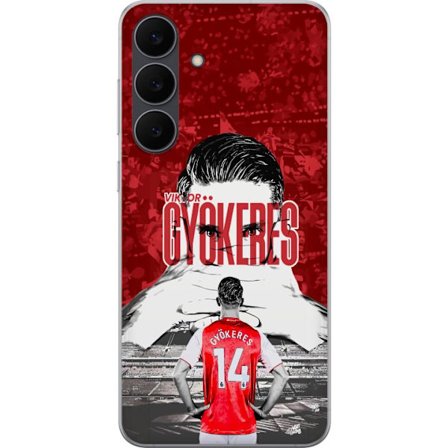 Yhteensopiva Puhelinkuori Samsung Galaxy S25 FE Punainen dramaattinen kollaasikuva, jossa esiintyy Viktor Gyökeresin muotokuva ja pelaajia takaapäin a