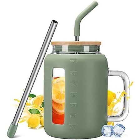 Kodrine tumlare med lås og sugerør, 50 oz krus tumbler med håndtak, gigantisk glass 1,5 liter, stor kaffekopp med sugerør, vanntumbler Olive 50oz