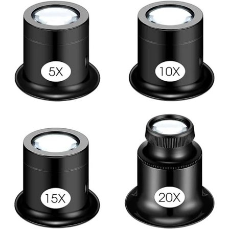 4 stk. Juvelerlupper, Juvelerforstørrelsesglas Urmager Briller, Lup Forstørrelsesglas til Smykker, Mønter, Sten, Frimærker (5X 10X 15X 20X)