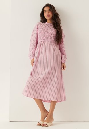 BUBBLEROOM - Smock Cotton Dress - Light pink/Striped
