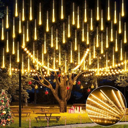 Rosnek 4x Lyskæde 288LED Meteor Regn Lys Udendørs, 50cm 8 Rør, til Juletræer Dekoration Have (Varm hvid)