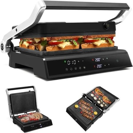 COSTWAY 1200W Elektrisk multifunktionsgrill-Intelligent Touch-180° åbning-4H Timer-5 Madlavningstilstande-Non-Stick-plade