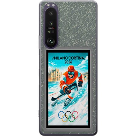 Yhteensopiva Puhelinkuori Sony Xperia 1 III Curlingkuvitus pelaajilla ja kivillä jäällä, Milano Cortina 2026, lumisia roiskeita ja olympiasormukset