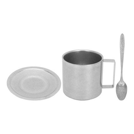 Isolerad dubbelväggig kaffekopp i 304 rostfritt stål med fat och skopa för hem, camping, kontor, 280 ml