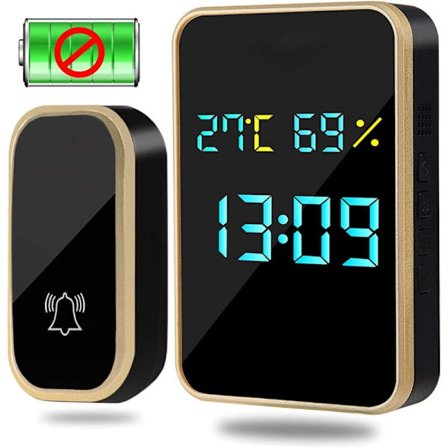 Trådløs Dørklokke Udendørs Vandtæt Automatisk Batterifri Dørklokke med Temperatur-, Fugtigheds- og Tidsvisning