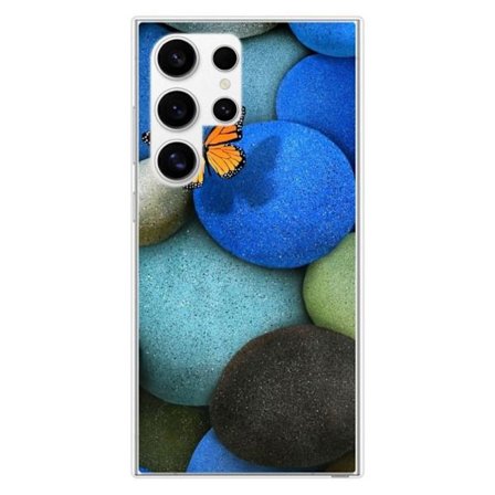 Förstärkt silikonfodral med tryck kompatibel med Samsung Galaxy S24 Ultra Fjäril blå sten