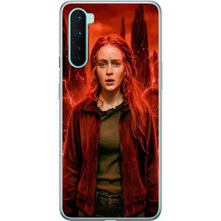 Kompatibelt Mobilskal till OnePlus OnePlus Nord Porträtt av en ung kvinna med rött hår i en apokalyptisk landskap, röda blixtar och mörka klippfo