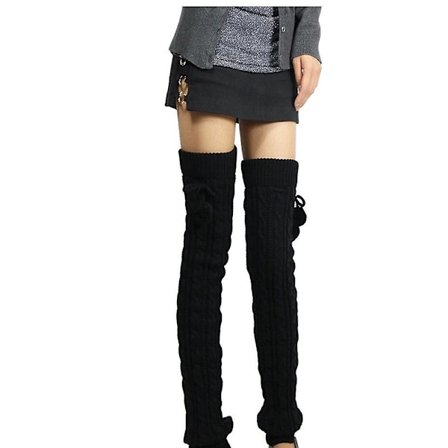 Höst/vinter damstrumpor i stickat material, över knäet, termiska med boll (svart)