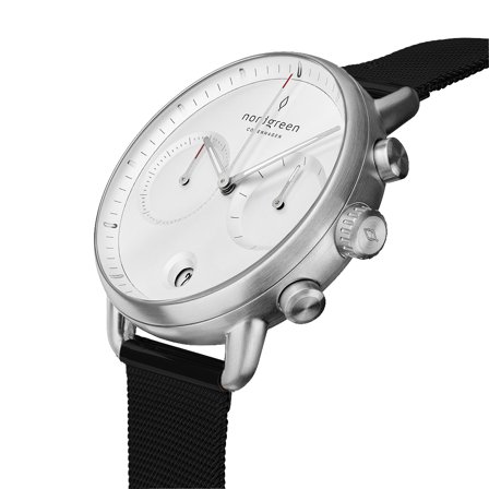 Nordgreen Men's Scandinavian Wrist Watch - Silver Case - White Dial - Black Mesh Watch Strap Pioneer White Dial Chronograph