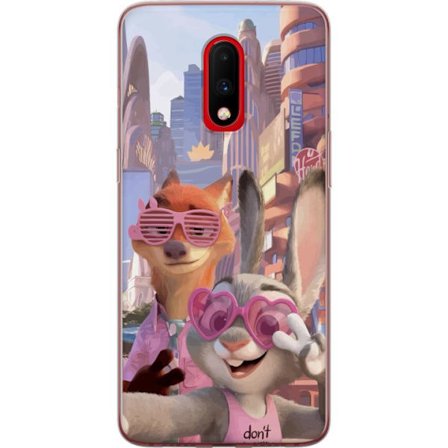 Kompatibelt Mobildeksel til OnePlus OnePlus 7 Animerede dyr i et solfylt bymiljø med rosa solbriller og en positiv melding i en fargerik feel-good st