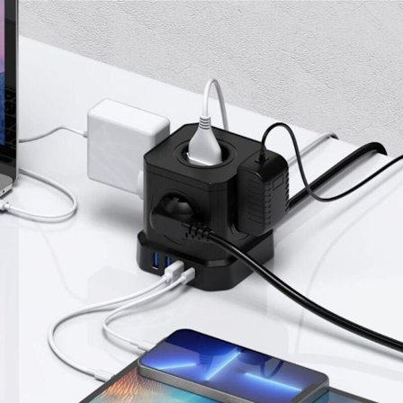 9-i-1 Cube Power Strip med USB, 5 stikkontakter med 4 USB-porte, stikkontakt med afbryder, overspændingsbeskyttelse med afbryder og 2M kabel, 4000W 