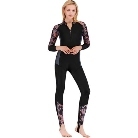 eys Dam Full Body Baddräkt Rash Guard One Piece Långärmad Långben Badkläder med UV-solskydd Orange-blomma Stor