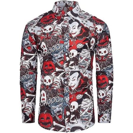 fohemr Halloween-skjorte for menn, stygg gresskar- og flaggermustrykk, langermet, kneppet, avslappet Jack-O-Lantern-kostyme, temafestklær