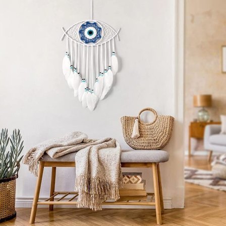 Paha silmä -unisieppari, käsinkudottu sininen makramee-unisieppari, pahan silmän seinäkoriste, kodin sisustuskoriste, joulu- ja halloweenlahja