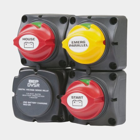 BEP Marine kit 3x 701 huvudströmbrytare och 1x DVSR relä för båt, 140A, 48V DC, svart/röd/gul plast och metall