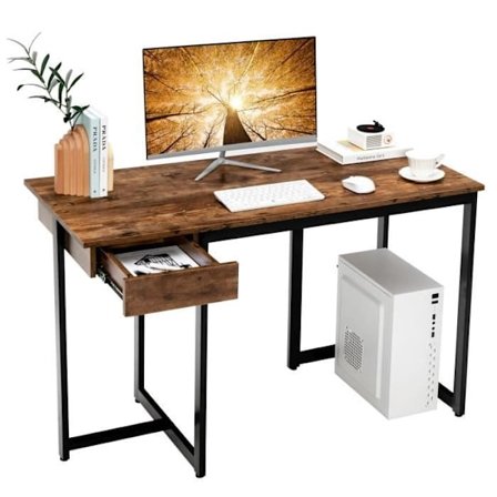 COSTWAY computerbord med skuffe, metalramme, justerbar fodstøtte, 120 x 55 x 75 cm, rustik brun