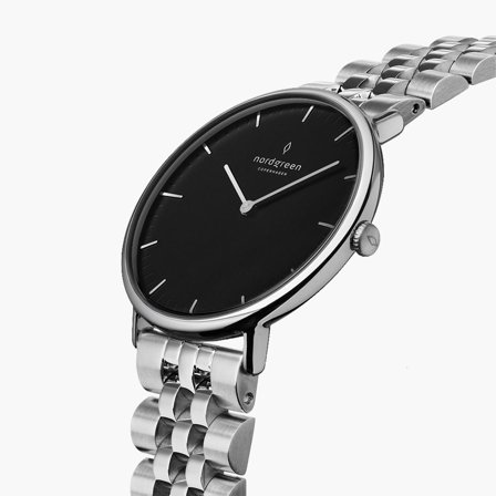 Nordgreen Women's Slim Dress Watch - Silver Case - Black Dial - 5 Linked Metal Watch Strap Native White Dial