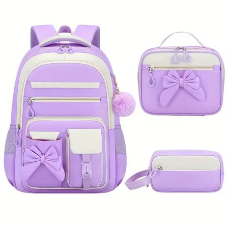 3-delt Ryggsekksett for Kvinner med Sløyfe, 15,6 Tommers Laptopryggsekk, Romslig Skolesekk med Lommer