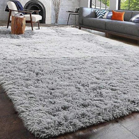 Ultra Soft and Fluffy Shag Area Rug for Bedroom, Silver Shaggy Carpet