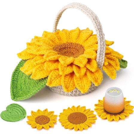 Virkkaussetti aloittelijoille, Virkatut lasinaluset -setti, Kukkaruukku-virkkausneule virkkuukoukulla, Värikäs lanka, Silmukkamerkki