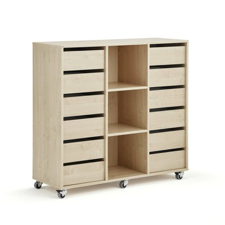 Elevförvaring CASPER, 12 lådor, 3 fack, hjul, björk