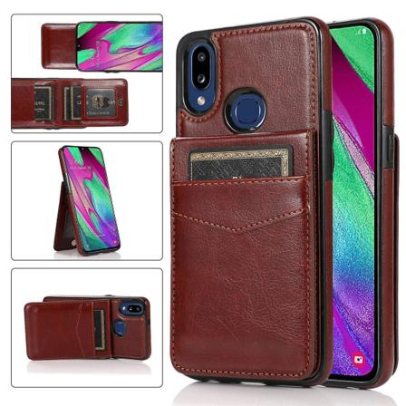 Samsung Galaxy A40:lle Nahkapäällysteinen TPU- case Puhelimen cover Kickstand-korttipaikalla - Ruskea