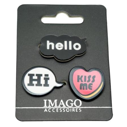 3 st Pins / Brosch / Knapp - Hi, Hello & Kiss me multifärg