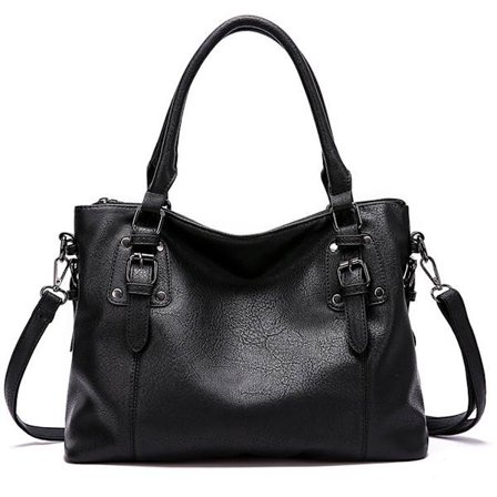 Damehåndveske, PU-skulderveske i skinn, stor kapasitet, mykt retro-skinn, tote-skuldervesker, med håndtak og crossbody-håndtak, svart