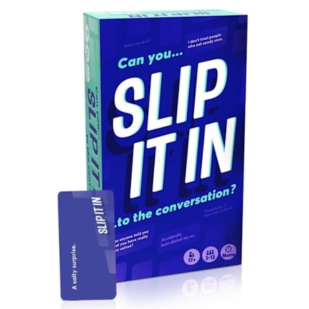 Ett sällskapsspel för vänner med "Slip It in Card" och olika uppgifter och utmaningar