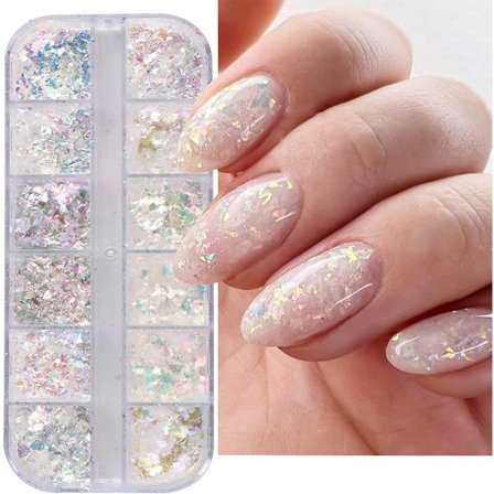 ING Abalone Nail Art Flakes 12 Gitre Aurora Negleglimmer Neglelak Neglekunst Dekoration Negle 3D Havfrue Aurora Mica Disc Farverige Glimmer Negle 