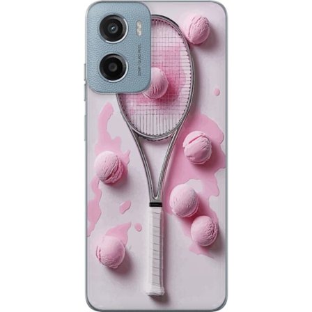 Kompatibel Mobilcover til Motorola Motorola Moto E15 Rosa glaskugler og tennisketsjer i et kreativt stillbillede med legende popfølelse og moderne de