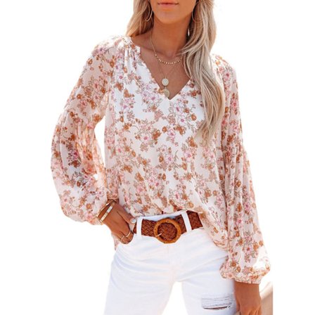 Kvinnors Casual Boho Blommig Tryck V-hals Långärmad T-shirt Blusar